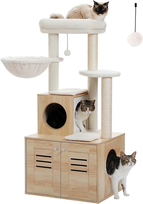 Petepela Wood Cat Tree Litter Box Enclosure Indoor Cat Furniture With