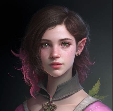 Female Half Elf Bard Brown Hair With Pink Tips Alburn Hair Elf Hair Brown Hair And Grey Eyes