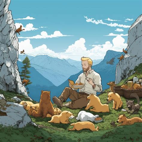 Premium Ai Image A Man Sits On A Hill With Animals And A Mountain In