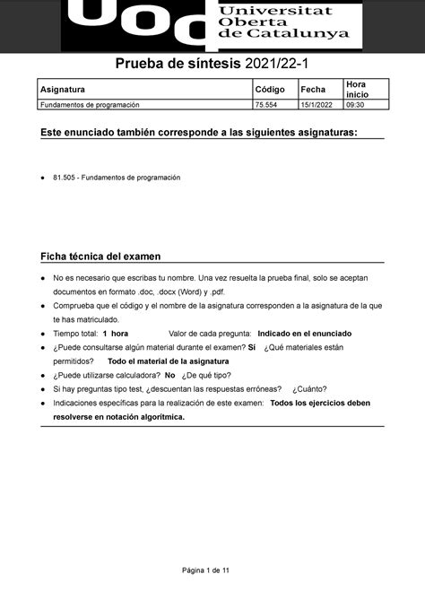 Prueba de síntesis 15 1 2022 Fundamentos de Programación Asignatura