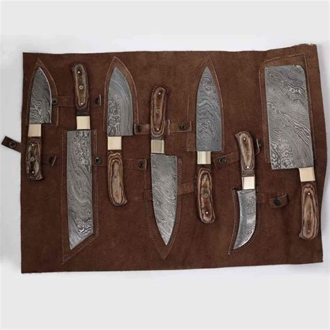 Brass Walnut 7 Piece Kitchen Knife Set Damascus Chef Knife