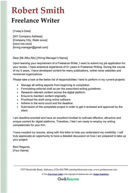 Freelance Writer Cover Letter Examples Qwikresume