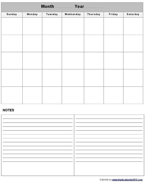 Calendar Template With Room For Notes Printable Blank Calendar