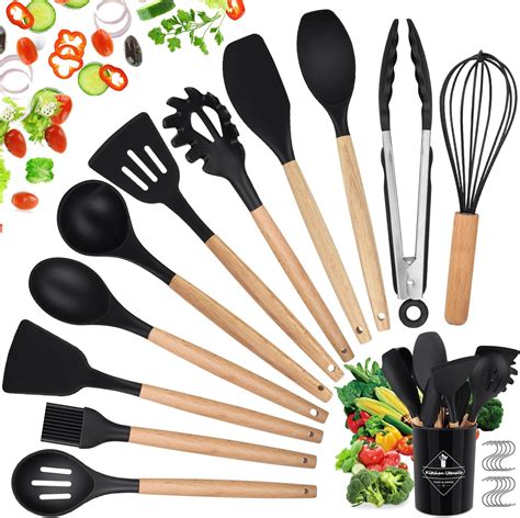 Ustensiles De Cuisine Silicone Bois Pcs Accessoire Cuisine Set Sans