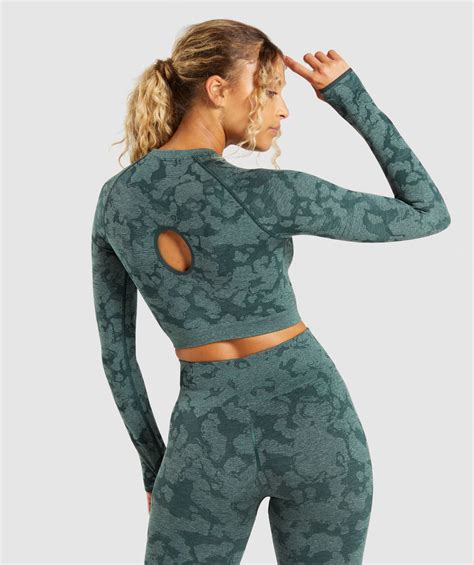 Gymshark Adapt Camo Seamless Long Sleeve Crop Top Dark Green Gymshark