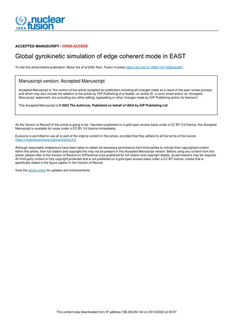 PDF Global Gyrokinetic Simulation Of Edge Coherent Mode In EAST