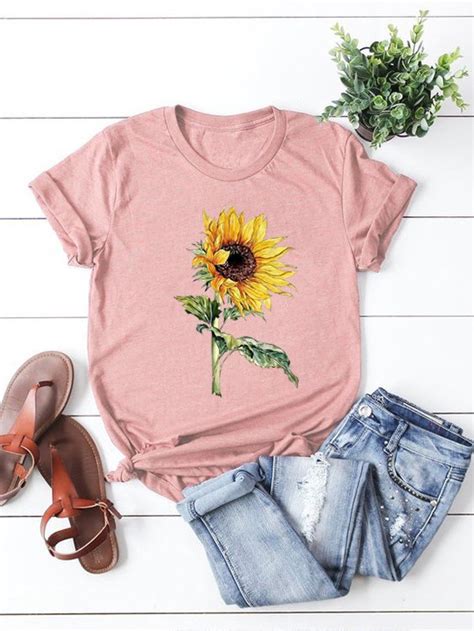 Sunflower Print Crew Neck Short Sleeve Casual T Shirts And Tops Noracora