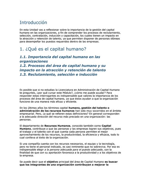 Capital Humano Introducci N En Esta Unidad Vas A Reflexionar