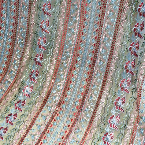 Stripe Colorful Flower Embroidered Tulle Lace Fabric Sequined Etsy