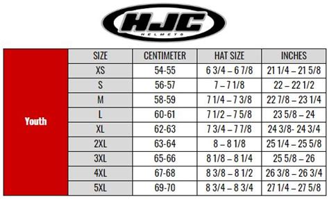 Youth Helmet Size Chart