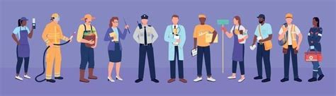 essential worker flat color vector faceless character set