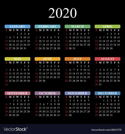 Calendar For 2020 Year On Black Background Vector Image