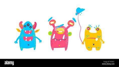 Cute Cartoon Monsters Collection Vector Set Of Flat Isolated Monsters