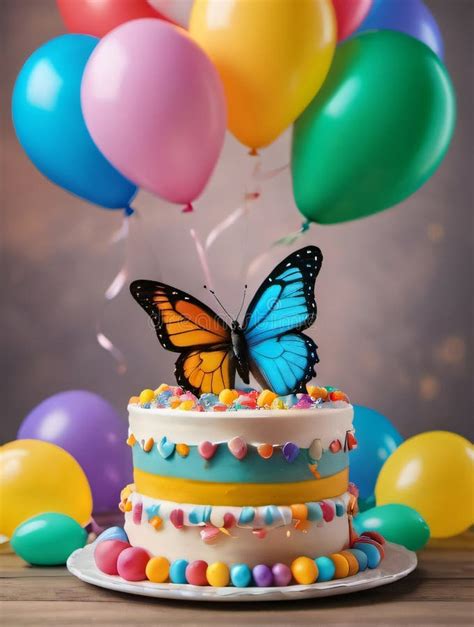 Photo Of A Delightful Birthday Cake Adorned With A Playful Butterfly