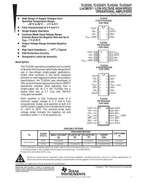 Tlv Y Datasheet Pdf Low Voltage High Speed Operational Amplifiers