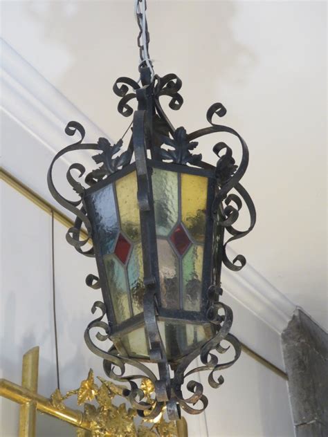 Proantic Wrought Iron Lantern Height Cm And Colored Stained Glas