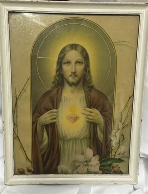 SACRED HEART OF Jesus Lithograph Print In Vintage Frame 8x10 37 08