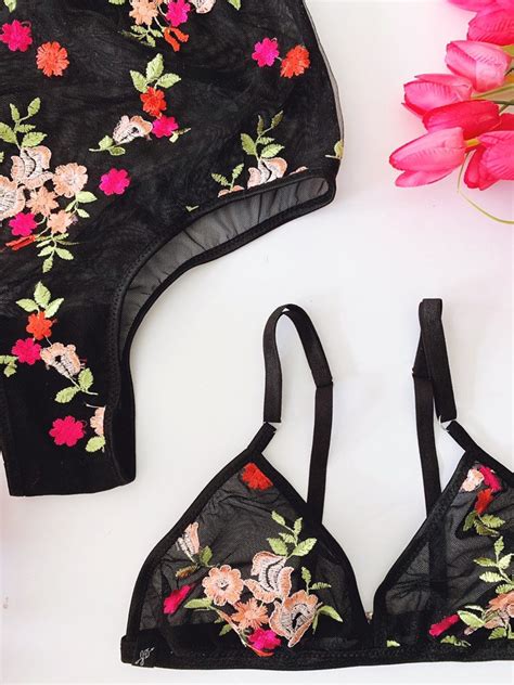 Black Floral Embroidered Lingerie Set Boudoir Lingerie Black Etsy