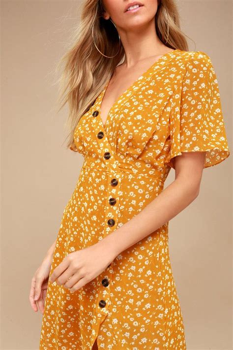 After Bloom Delight Golden Yellow Floral Print Midi Dress Yellow