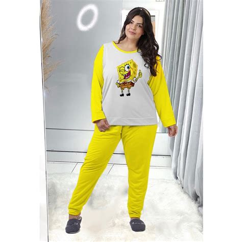 Pijama Feminino PLUS SIZE Frio Barato Blusa Manga Longa e Calça Luxo