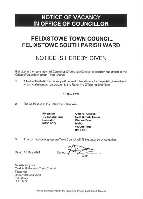 Notice Of Casual Vacancy Felixstowe Town Council