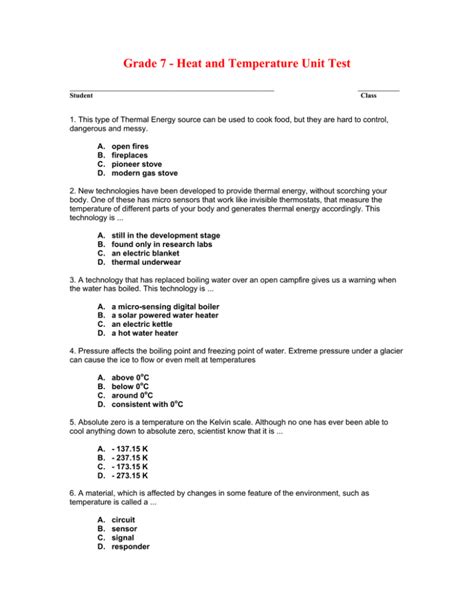 Grade 7 Heat Worksheet