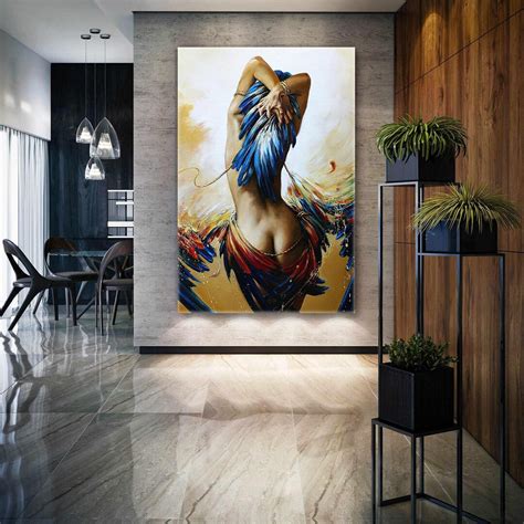 Naked Woman Wall Art Sexy Woman Canvas Art Bird Feather Wall Decor Roll Up Canvas Stretched