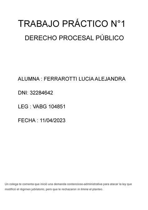 TP1 Procesal Publico TRABAJO PRÁCTICO N DERECHO PROCESAL PÚBLICO