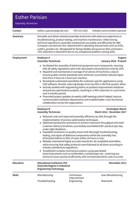 Assembly Technician Resume Cv Example And Writing Guide