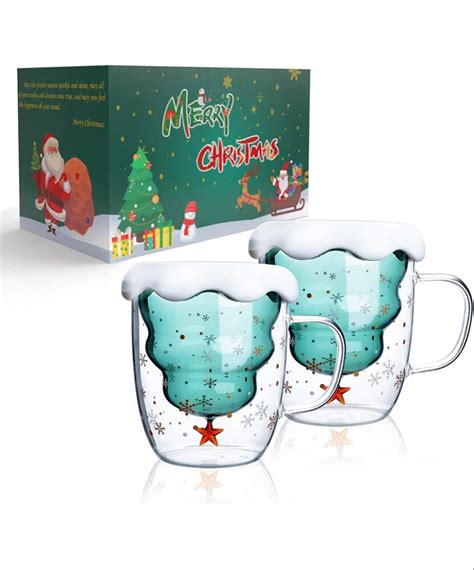 Libwys Pack Christmas Tree Mugs Double Walled Glass Mugs With