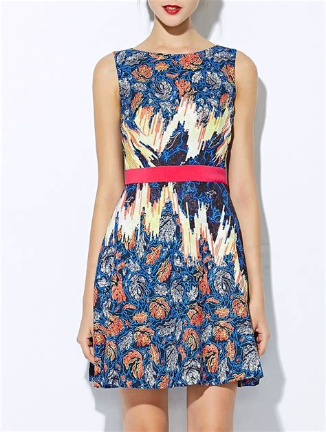 C Mpralo Ya Blue Round Neck Sleeveless Print Dress Multicolor Round