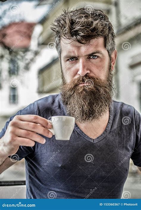 Enjoy Hot Drink Hipster Drinking Fresh Brewed Coffee Bearded Guy