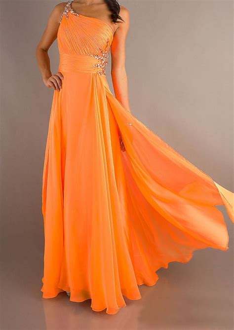 A Line One Shoulder Brush Crystal Chiffon Neon Orange Prom Homecoming