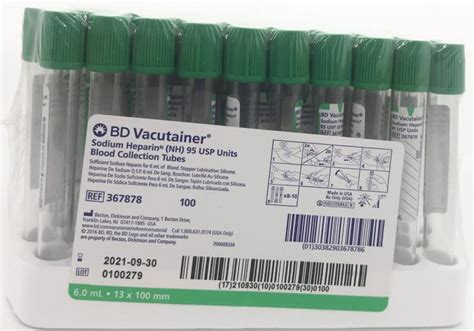 BD Green Top Blood Collection Tubes Sodium Heparin 6ml 100 Bx CAVALA