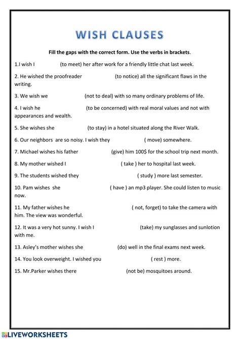 Wish Clauses Interactive Worksheet Grammar Worksheets English Grammar Worksheets Practice