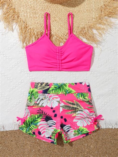 Tween Girl Tropical Print Ruched Bikini Set Summer Beach Shein Usa