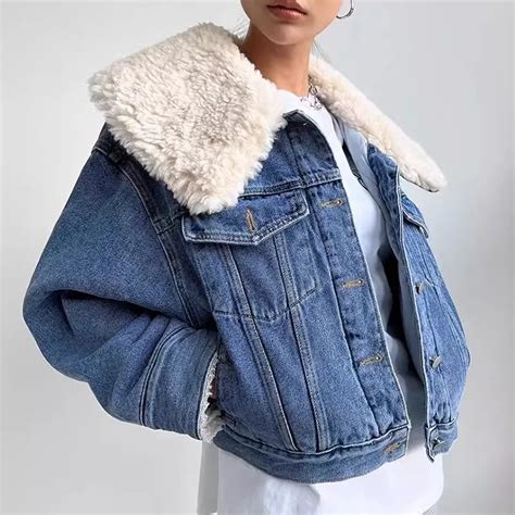 Vintage Blue Short Denim Jacket Fashion Faux Lambswool Big Lapel Long