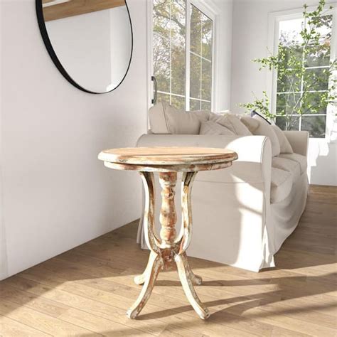 Litton Lane 24 In Brown Large Round Wood End Table With Distressed