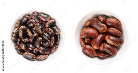 Scarlet Runner Beans Dried And Boiled In White Bowls Raw And Cooked