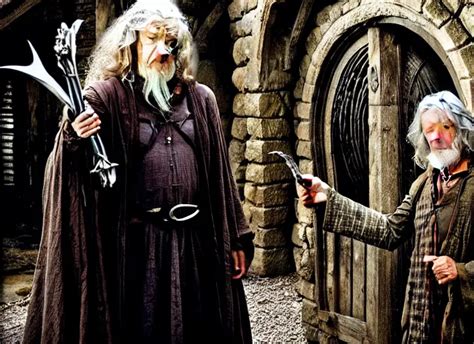 Gandalf Standing With Frodo In Bag End Bag End In The Stable