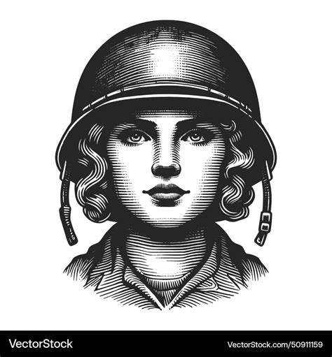 Female Soldier In Helmet Engraving Royalty Free Vector Image