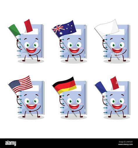 Blue Book Cartoon Character Bring The Flags Of Various Countries