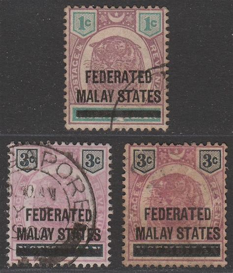 Malaya Federated Malay States 1900 QV Tiger 1c, 3c x2 Overprint Used ...