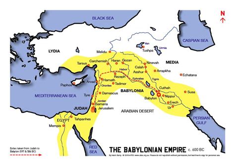 Map of the Babylonian empire circa 600 BC and the likely route the ...