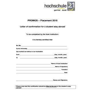 Fillable Online Hs21 PROMOS Placement 2016 Letter Of Confirmation For A