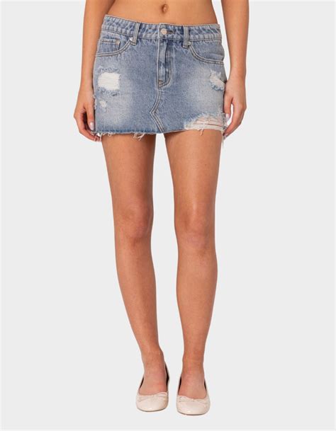 EDIKTED Ginnie Low Rise Distressed Denim Mini Skirt LIGHT BLUE Tillys