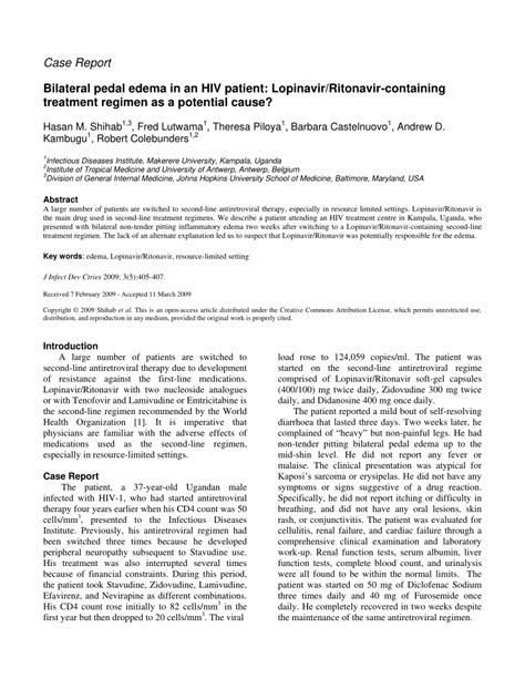 (PDF) Bilateral pedal edema in an HIV patient: Lopinavir/Ritonavir-containing treatment regimen ...