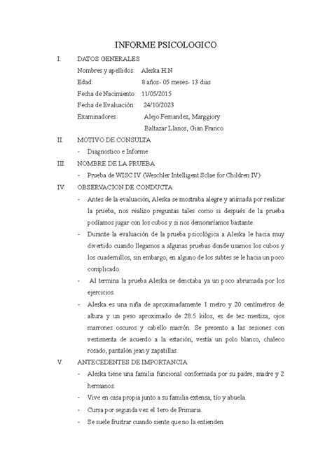 Informe Psicologico WISC IV INFORME PSICOLOGICO I DATOS GENERALES