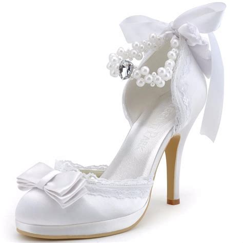 Ivory Or White Closed Toe Stiletto Heel Bow Pearls Strap Satin And Lace