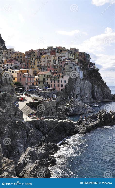 Panoramic View With Architecture Of Coastal Cliffs Of Manarola Village From Cinque Terre